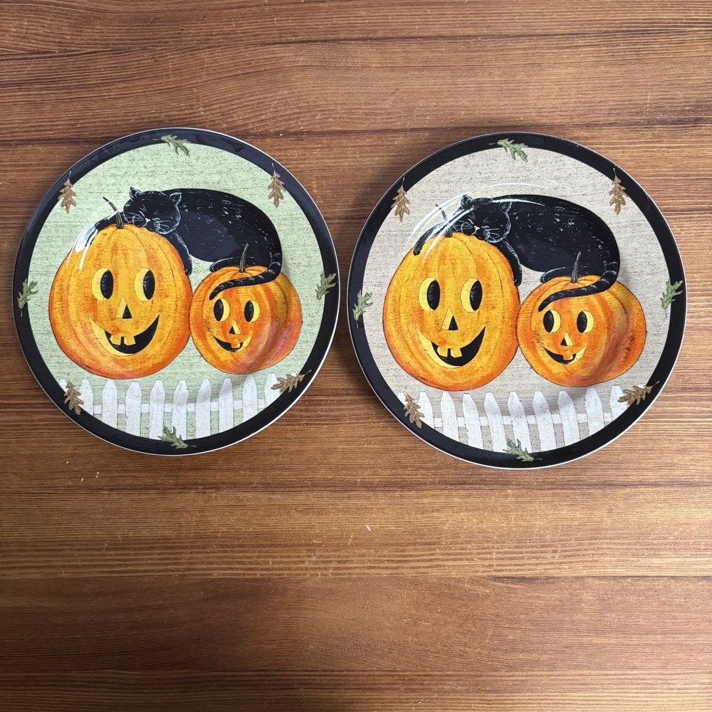 Warren Kimble Pumpkin Dreams Halloween Plates Set of 2 Black Cat Sakura 2000 8"
